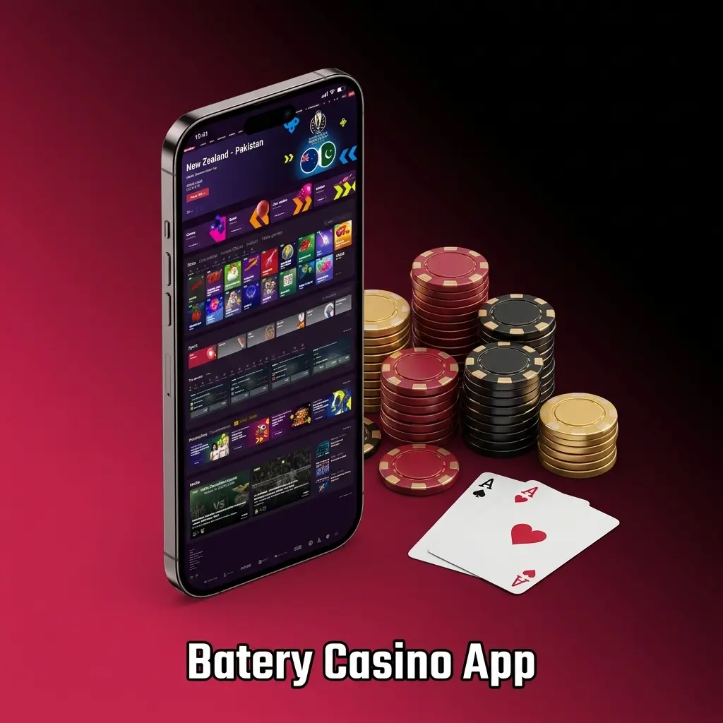 Batery casino app home screen showing live casino games, slots, and sports betting on mobile device