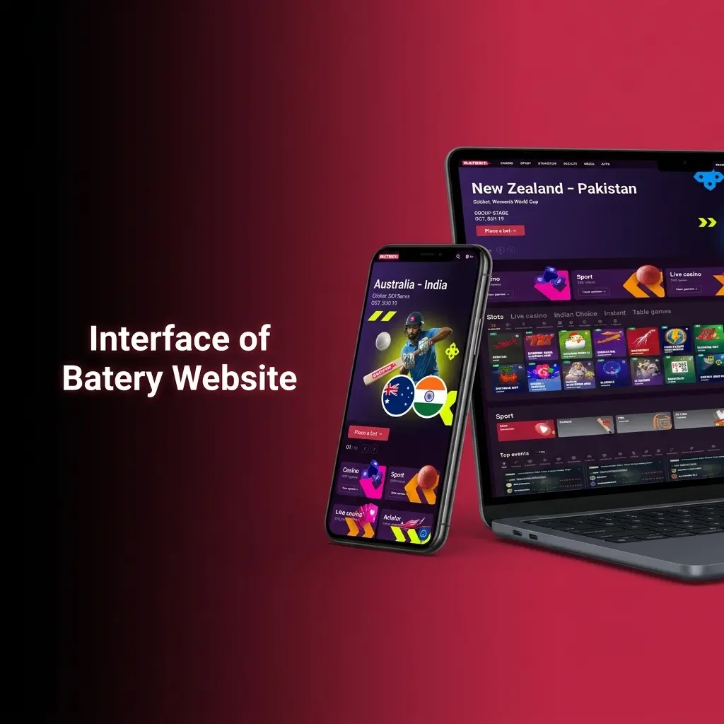 Batery website homepage interface showing top navigation bar with Sports, Casino, and promotions sections for Indian users