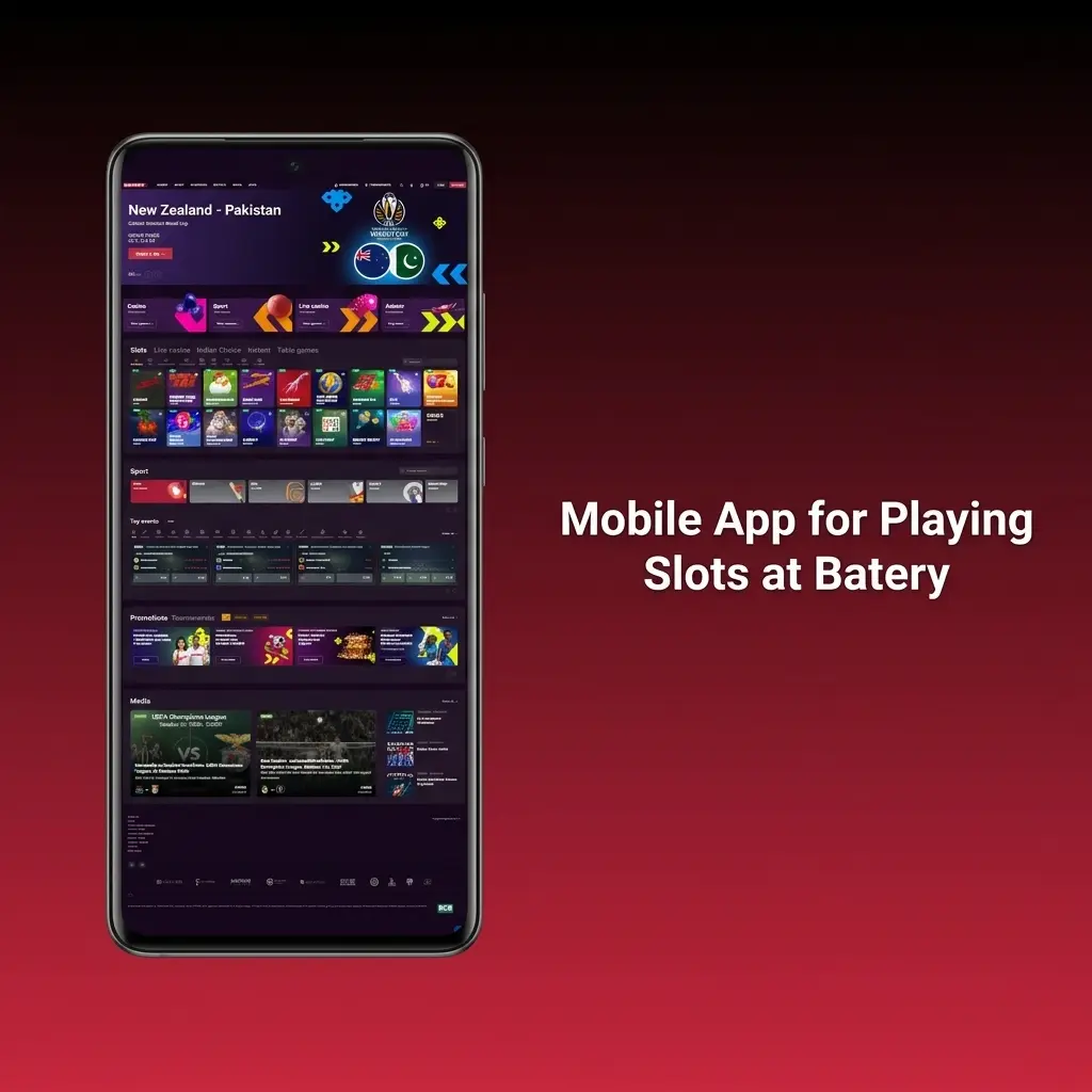 Batery mobile app showing 3000+ slot machines with touchscreen interface for Android, iOS, and PWA users
