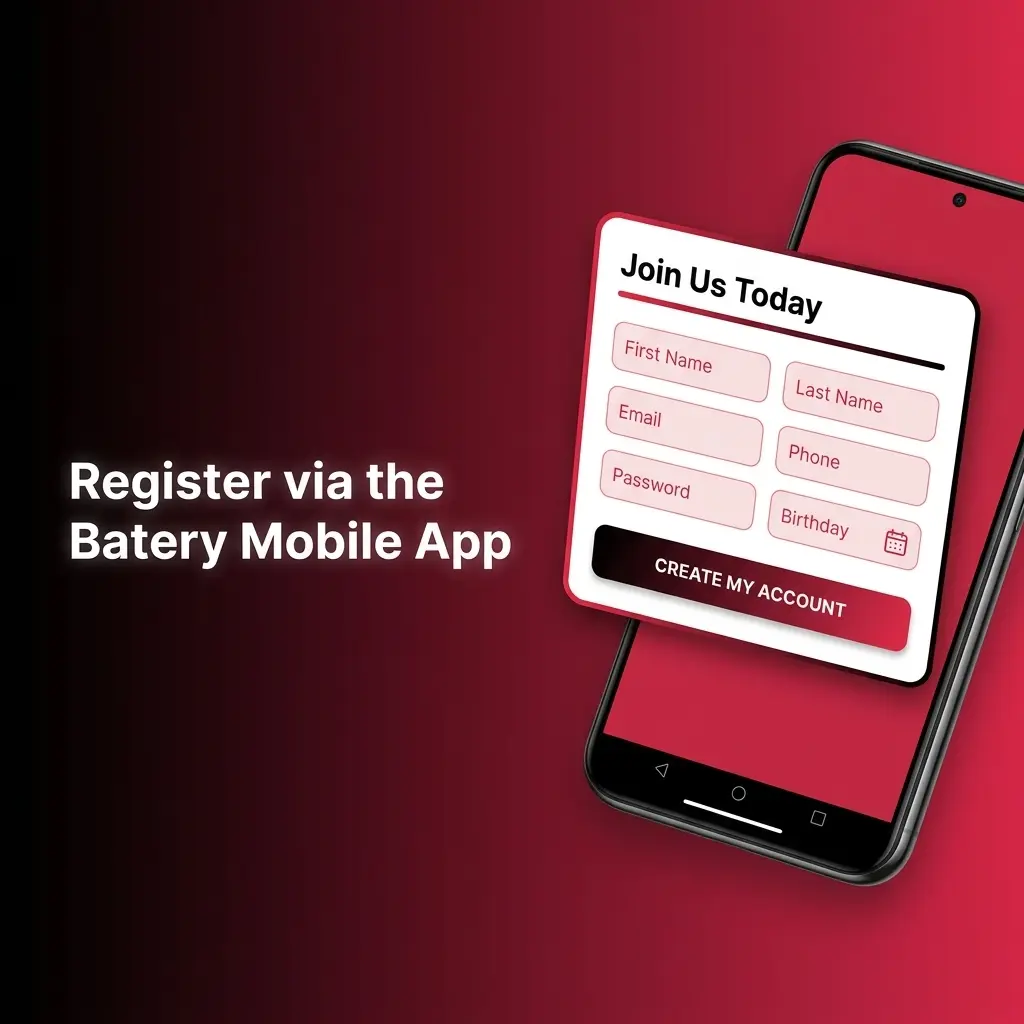 Batery mobile app registration screen showing sign-up options including phone, email, and social media on a smartphone