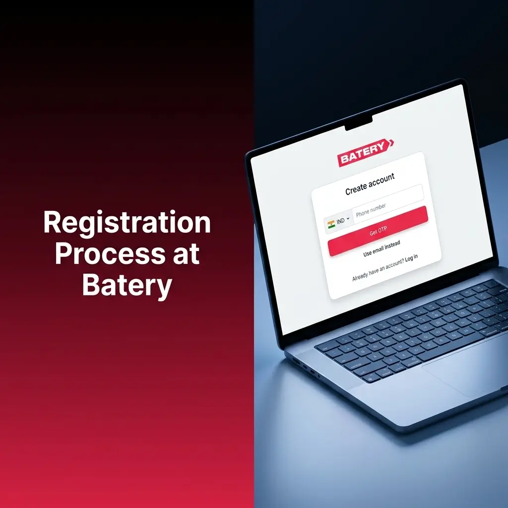 Batery registration process steps showing sign-up form with email, phone, and social account options for Indian players