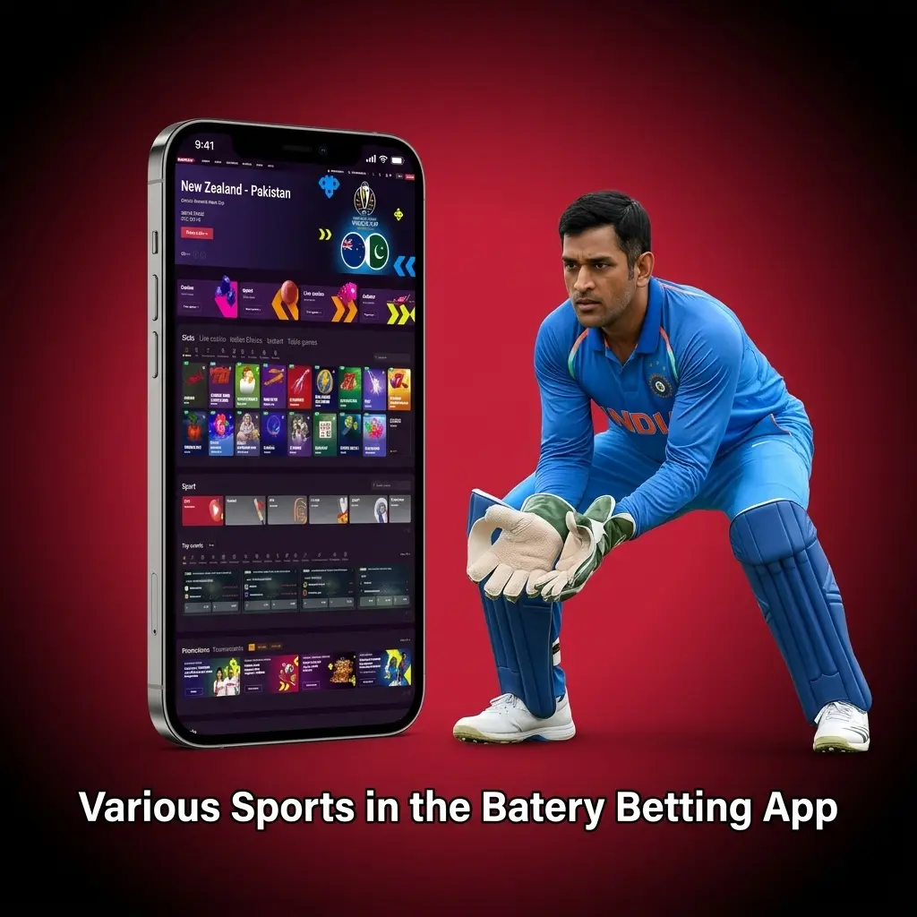 Batery betting app sports selection including cricket, football, tennis, basketball, kabaddi, and eSports options